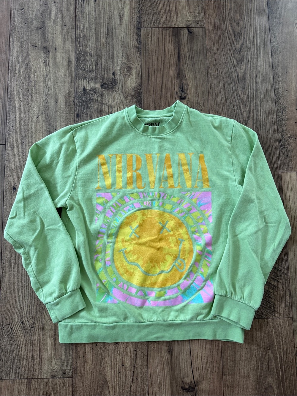 NIRVANA Mint Green Crewneck with Yellow & Pink Graphic